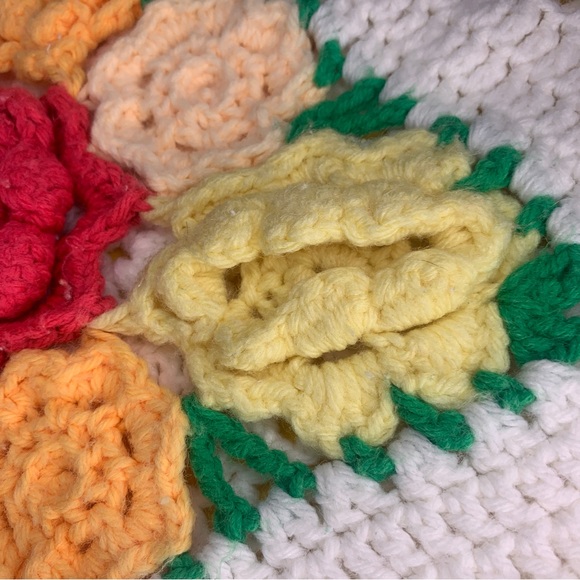 Vintage Handmade Knit Pillowcase Sofa Pillow Sham Chunky White Floral Fringe - Picture 10 of 11